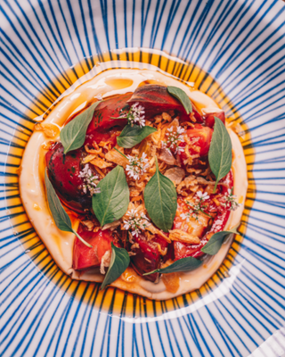Heirloom tomato and peach miso salad
