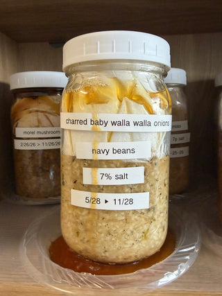 Finished charred baby walla walla onions miso jar from a Shared Cultures Miso Making Class fermenting
