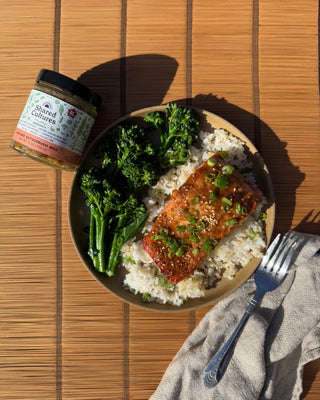 Plate with ginger salmon, rice and broccolini and a jar of Shared Cultures Shiitake Katsuobushi Miso