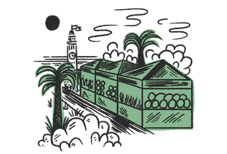 Illustration of farmers market booths with the San Francisco Ferry Building in the background