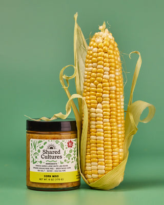 Jar of 'Shared Cultures' Corn Miso next to an ear of corn