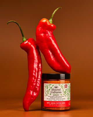 Jar of 'Shared Cultures' Urfa Ancho Pepper Miso with two peppers stacked next to and on top of the jar