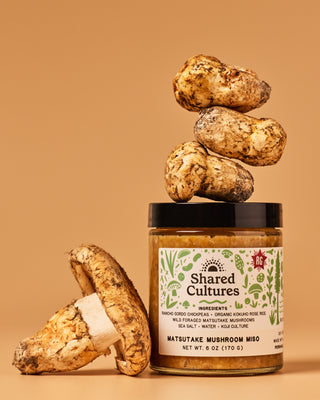 Jar of Shared Cultures Matsutake Mushroom Miso with matsutakes stacked on top of the jar