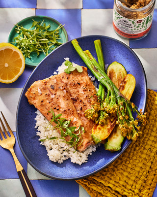 Plate of Miso Ginger Salmon over rice with vegetables and a jar of Shared Cultures Shiitake Katsuobushi Miso.