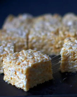 Cut miso rice krispie treats on a tray
